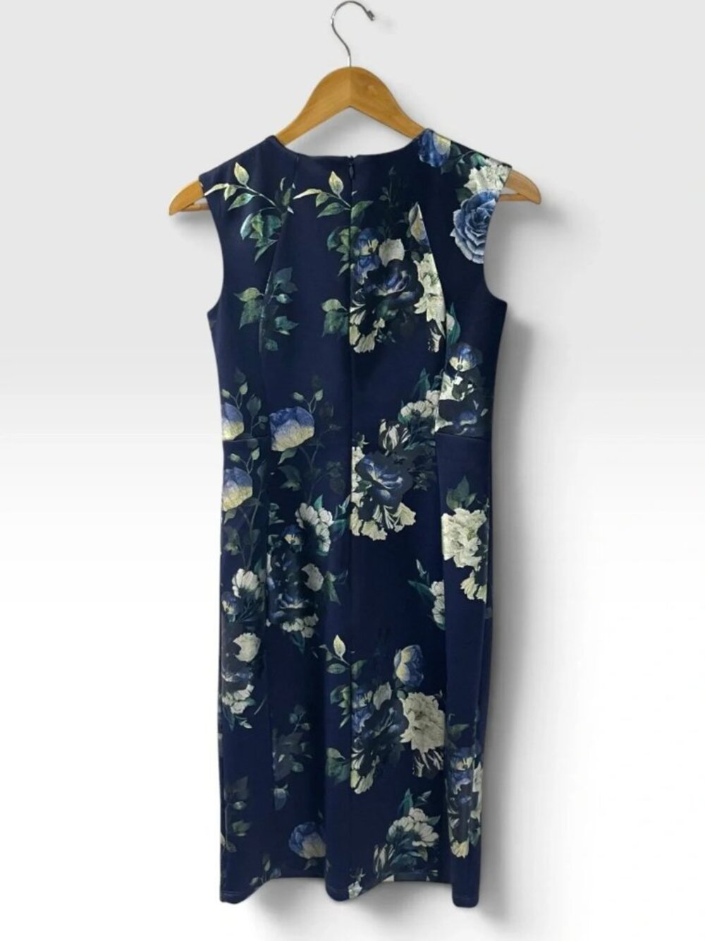 Alexa B Nites Navy Sleeveless Chain Neckline Floral Sheath Dress Size 4P - Picture 3 of 9